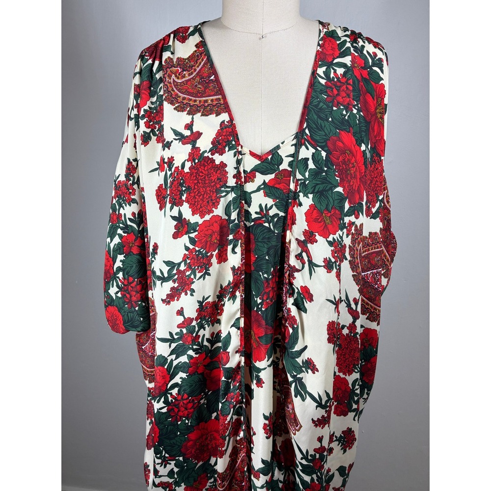 Vintage Red Green Floral Lingerie Slip Dress and Robe Sleep Set Medium 80s 90s - Picture 2 of 12